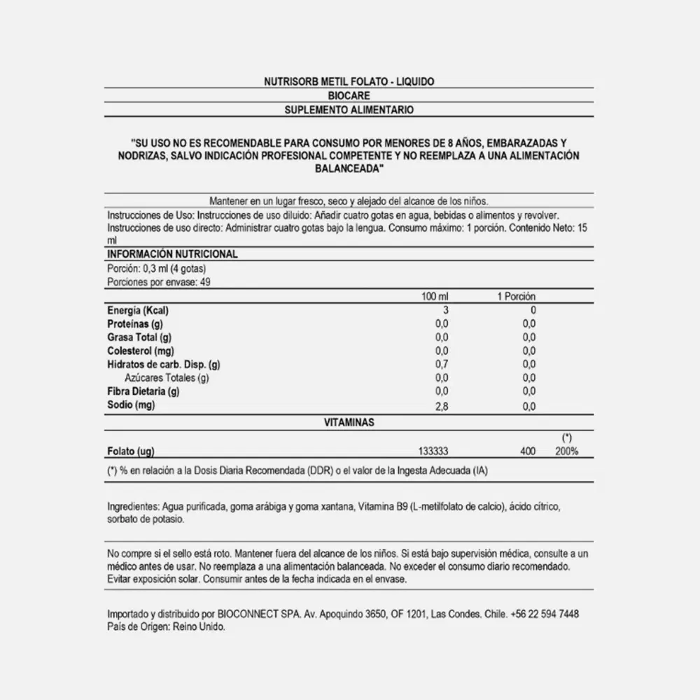 Biocare Nutrisorb Metilfolato Vitamina B9 Líquida – vista 2