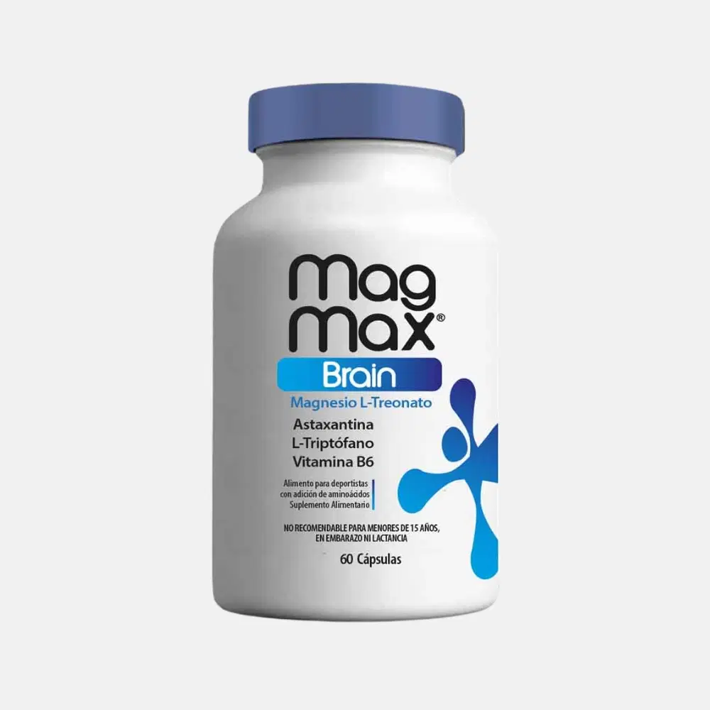 Mag Max Brain Magnesio L- Treonato 80 mg, L-Triptófano 50 mg, Vitamina B6 40 mg, Astaxantina 3 mg  60 cápsulas