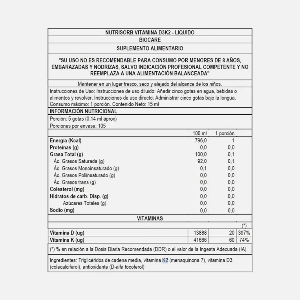 Biocare Nutrisorb Vitamina D3 y K2 Líquida 15 ml – vista 2