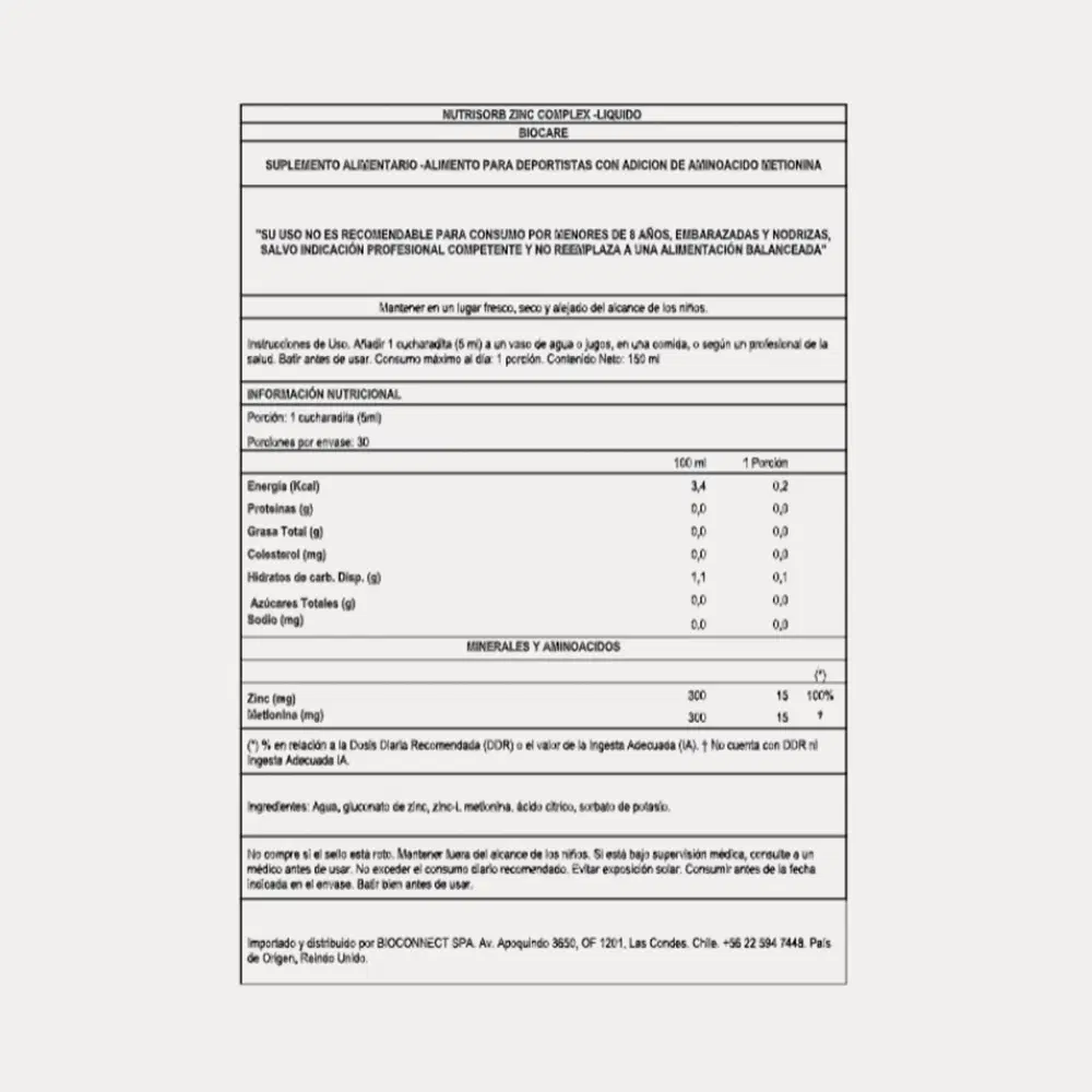 Biocare Nutrisorb Complejo de Zinc Líquido Mineral – vista 2