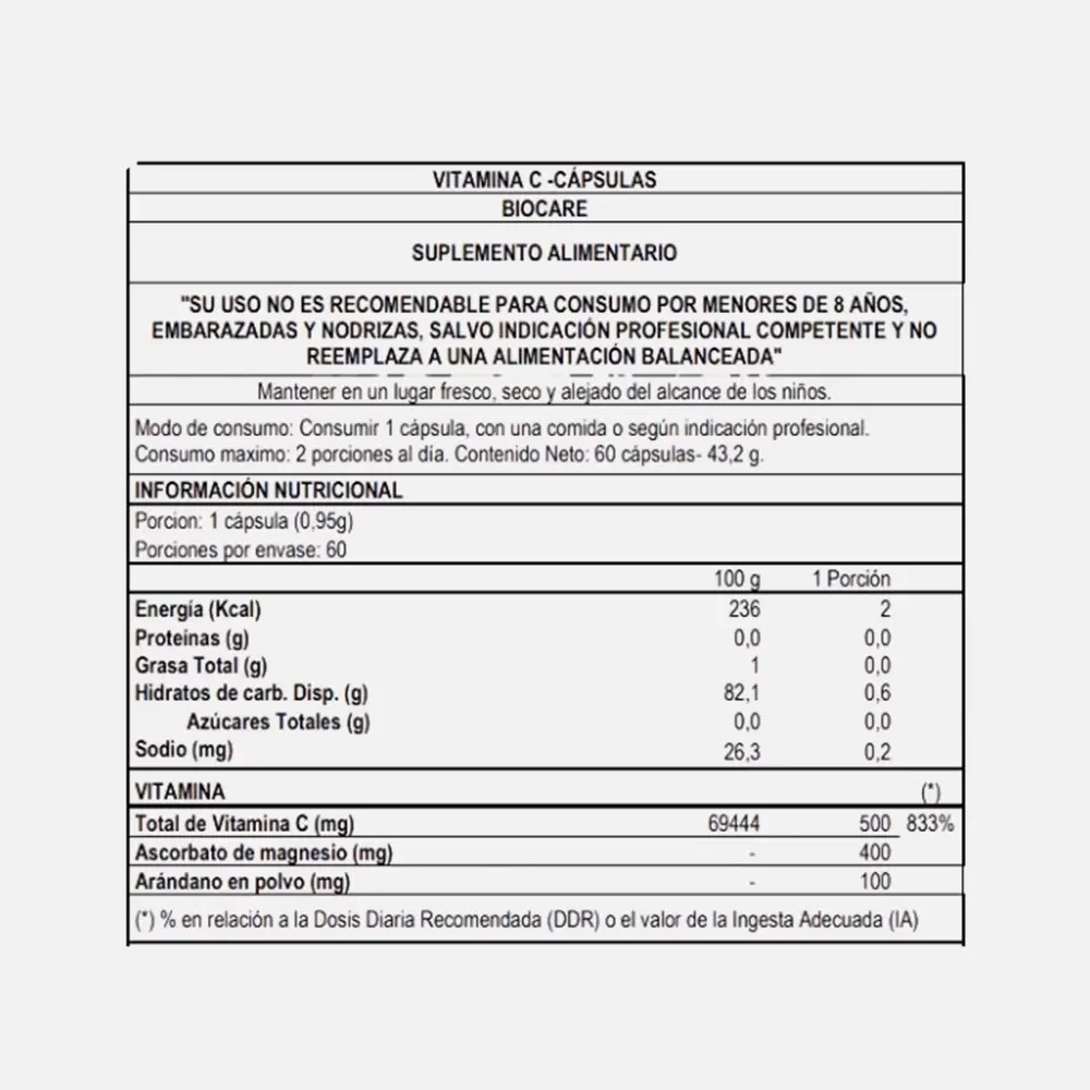Biocare Vitamina C en Cápsulas Refuerzo Inmunitario – vista 2